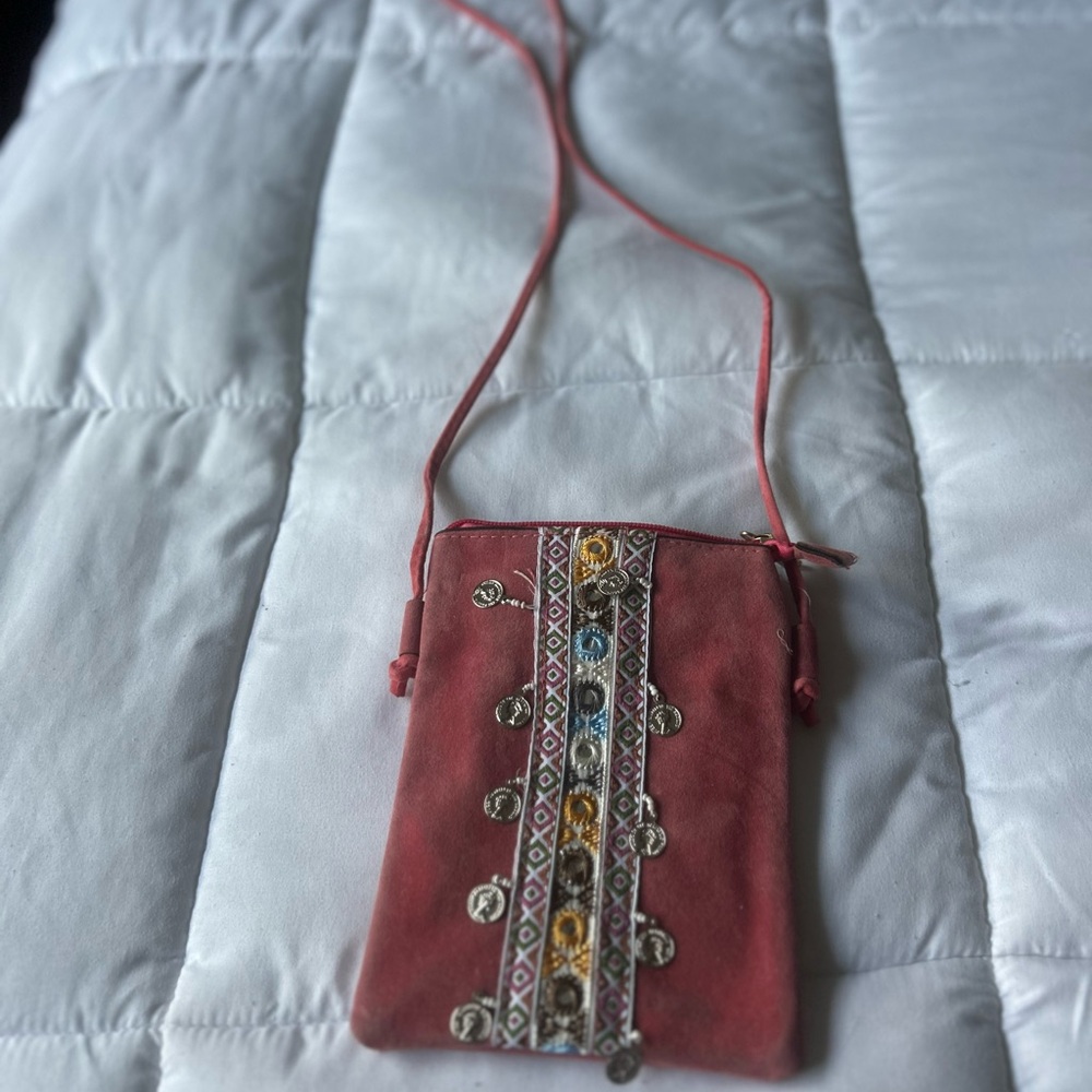 Pink Crossbody Bag with Gold Embroidery